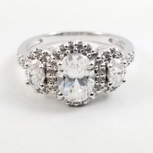 Platinum & Sterling Diamonique 3 Stone Oval Ring